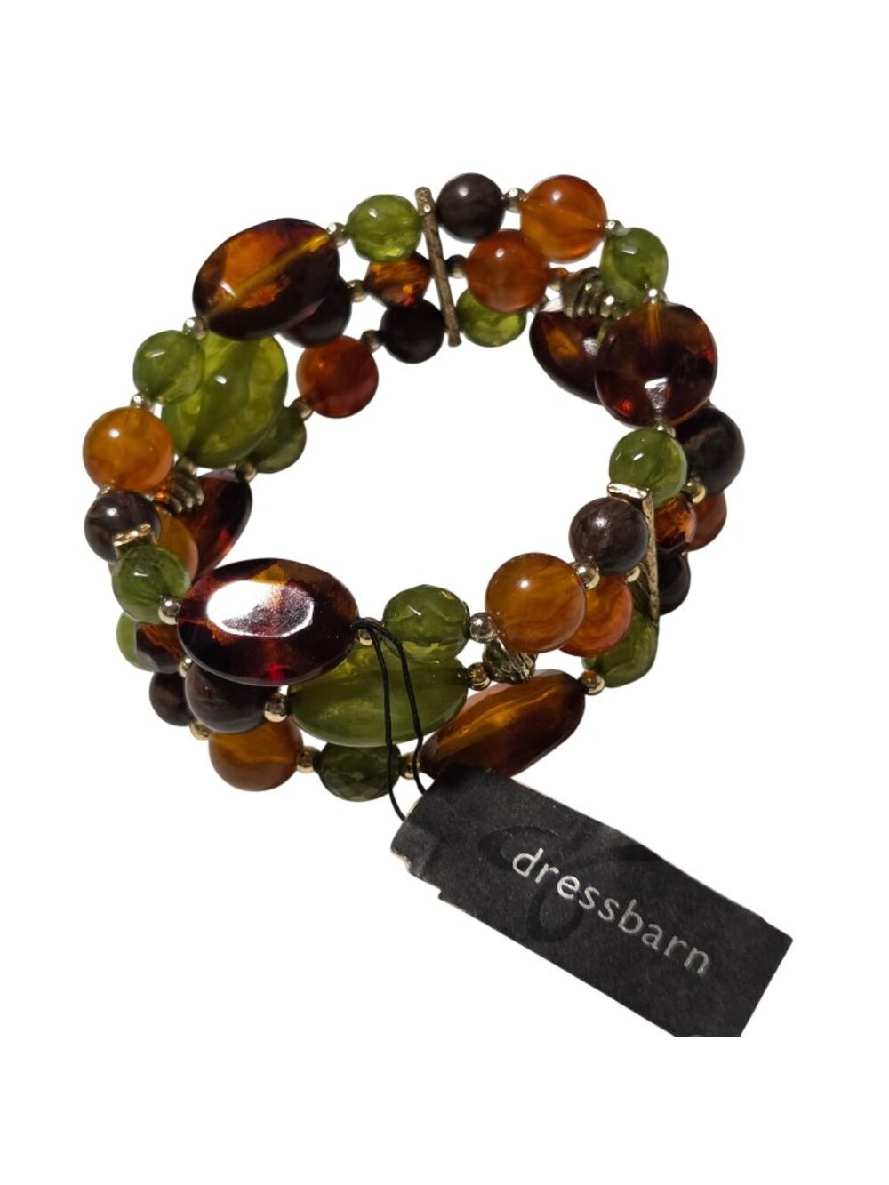 Dressbarn Beaded Bracelet Green Amber Tones Stretch Stacked Boho Fashion Jewelry